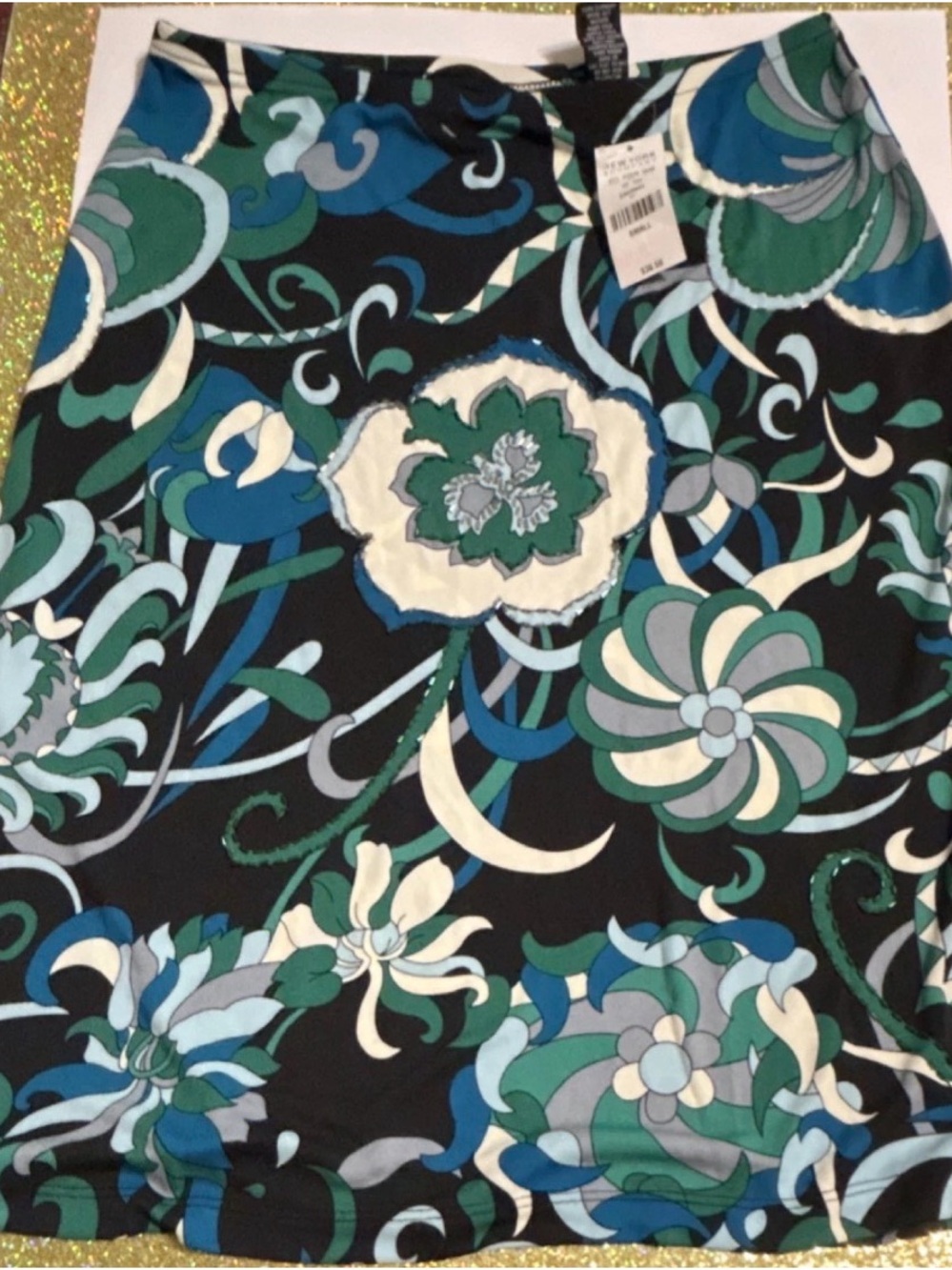 New York & Company Black Floral A-Line Skirt with Teal, Blue & Cream